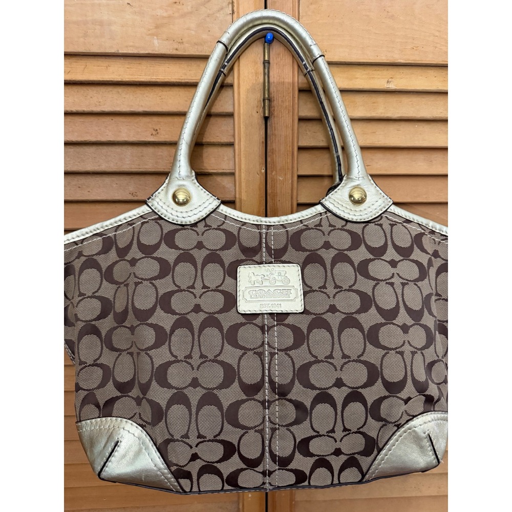 Coach Bleeker Khaki Signature Jacquard/Gold Patent Leather Tote Shoulder Bag - Picture 5 of 11